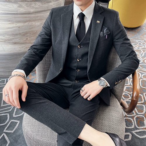 Мужской комплект, костюм, пиджак классического кроя, свадебное платье, 3 предмета, в корейском стиле