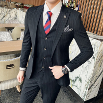 British photo studio suit suit suit mens three-piece Korean slim Casual groom wedding dress striped small suit