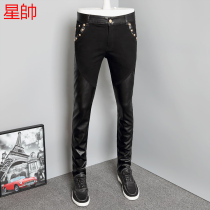 Autumn and winter motorcycle mens denim stitching semi-leather pants PU Korean version slim hair stylist small feet pants boots pants anti-trend men