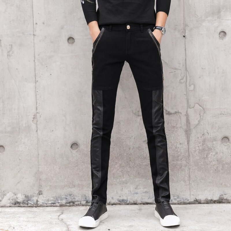 Autumn and winter men's clothing Han version Body Damp men splicing leather pants Smoke Pipe Trousers Half Leather Warm Pu Hair Styled Master Pants