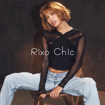 rixo chic European and American style hot girls new sexy mesh stitching zipper pleated see-through long-sleeved short top