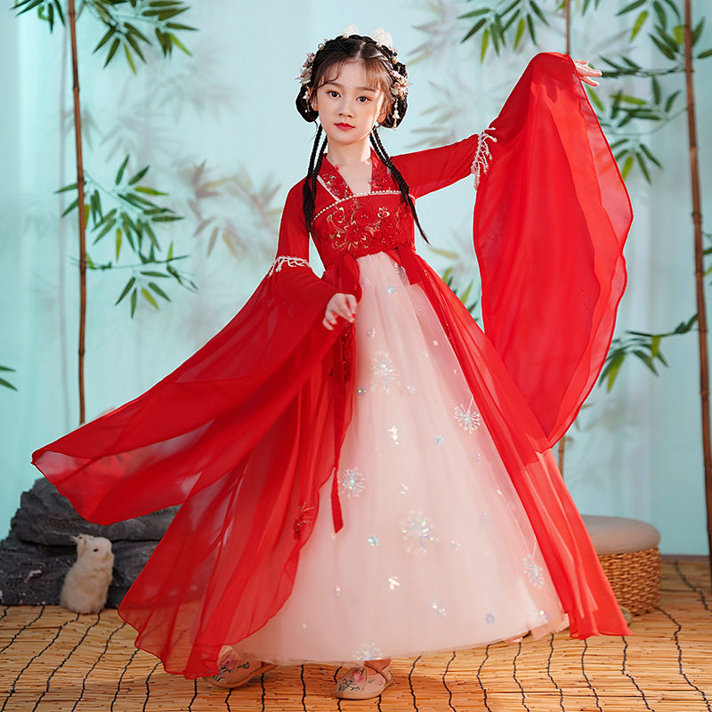 Children's Hanfu Mid-Autumn Festival Girls' Autumn 2024 New Style Dress, Ancient Style Super Fairy Thin Dress, Guzheng Performance Costume