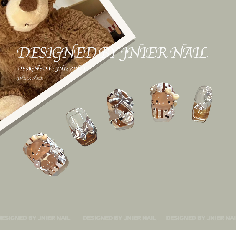 Jnier｜Caramel Milk Coffee Kitty Cute Manicure Swarovski Diamond Brown Series Melard Handmade Wearable Nails