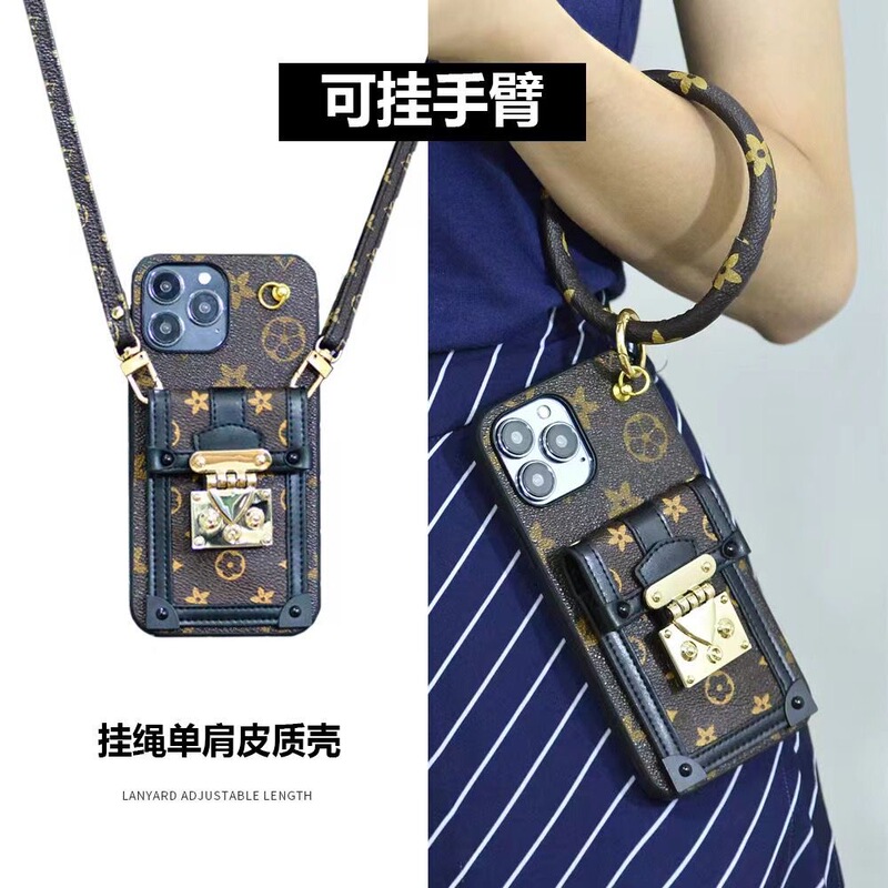 Original High-End Leather Crossbody Phone Case for Apple iPhone 15 Pro Max, 13, 16 Pro, 17, with a Premium Brand Style, Trendy Long Strap, Single Shoulder Strap, Wristband, and Handbag for 14 Pro