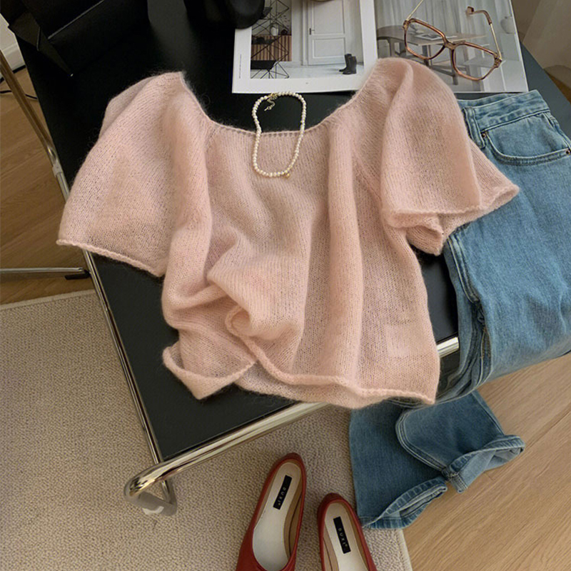 Pink Mohair Short-Sleeved T-Shirt for Women, Summer Sweet and Age-Reducing, Cute Knit Top, Trendy and Beautiful This Year Pink Mohair Short-Sleeved T-Shirt for Women, Summer Sweet and Age-Reducing, Cute Knit Top, Trendy and Beautiful This Year