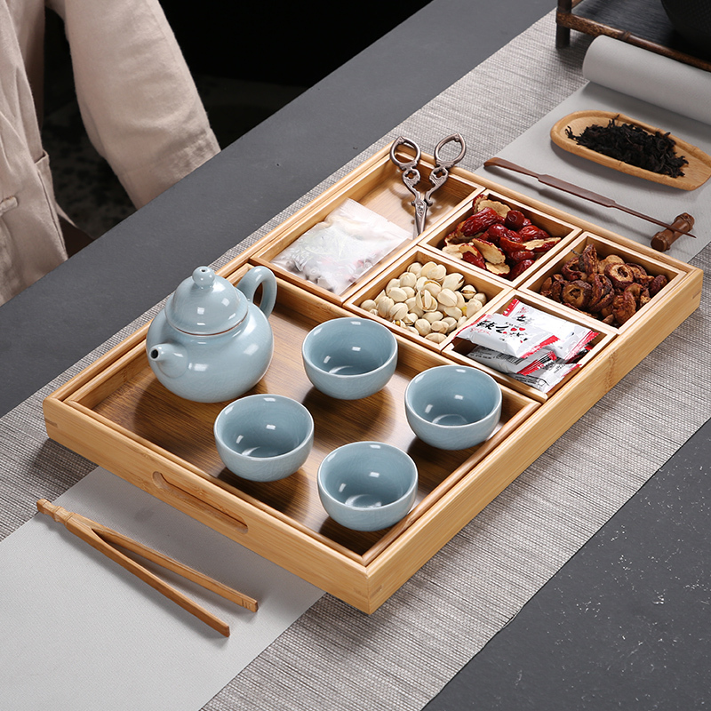 Bamboo Tea Tray Set for Indoor Use, Seven-Piece Creative Rectangular Hotel Set, Snack Tray for Tea Brewing, Dried Fruit Tray Bamboo Tea Tray Set for Indoor Use, Seven-Piece Creative Rectangular Hotel Set, Snack Tray for Tea Brewing, Dried Fruit Tray