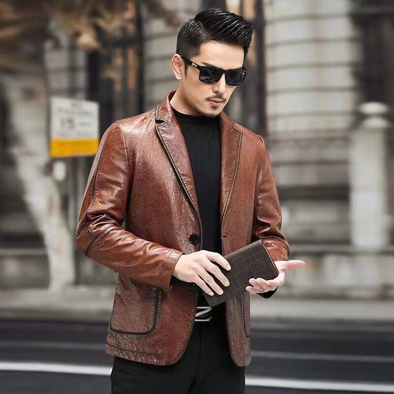 Spring and Autumn New Haining Sheepskin Leather Jacket Men's Short Slim Fit Suit Collar Leather Jacket Thin Casual Coat Spring and Autumn New Haining Sheepskin Leather Jacket Men's Short Slim Fit Suit Collar Leather Jacket Thin Casual Coat