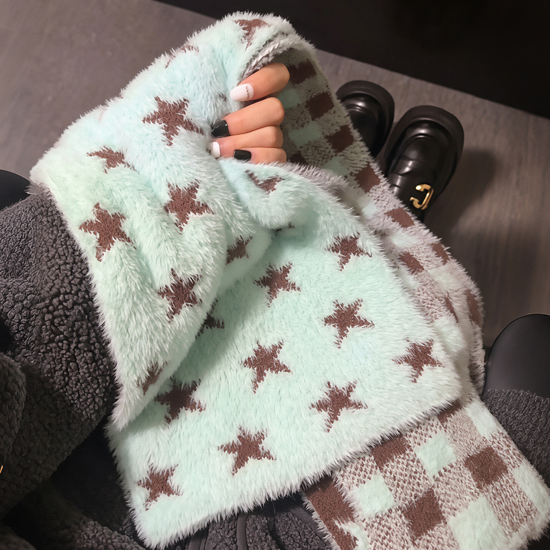 Mint Green~Korean Style Star Double-Sided Plaid Scarf for Women, Winter Thickened Soft Plush Warm Versatile Neck Warmer