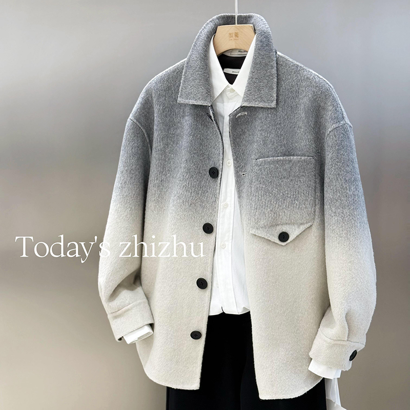 Double-Sided Cashmere Woolen Coat for Men, Trendy Gray and White Gradient Color, Loose Casual Men's Woolen Coat for Winter