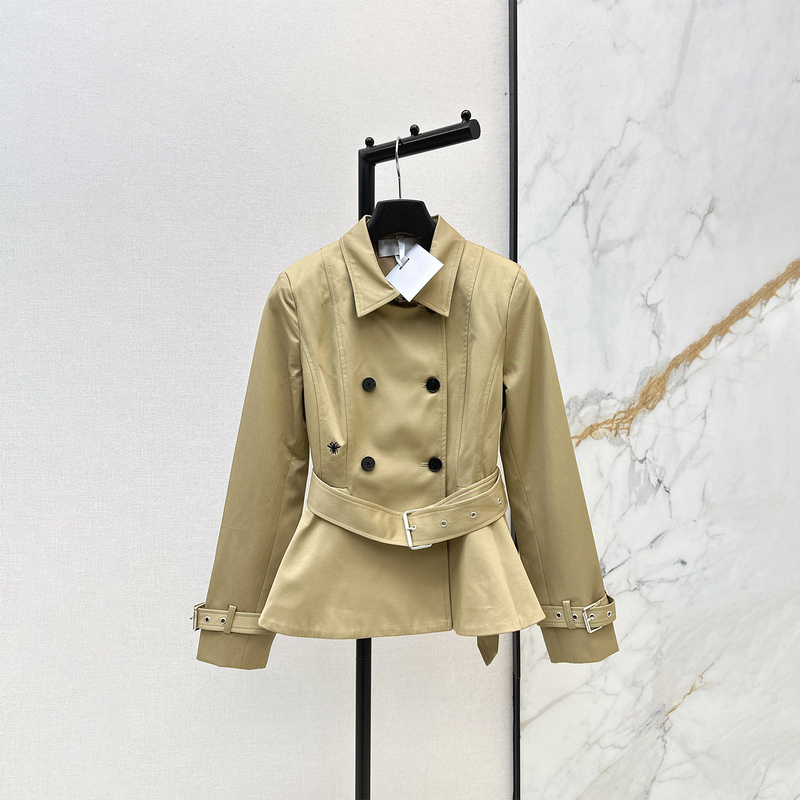 Uzer French-Style Waist-Cinching Short Trench Coat for Women, New Spring 2026 Model, Double-Breasted, Slimming, with Ruffled Hem