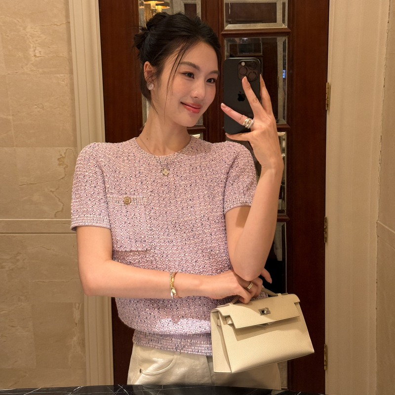 New Color - Baby Blue, "Southern French Summer Style, Small Chanel-Style Cable Knit Round Neck Short Knit Top with Short Sleeves New Color - Baby Blue, "Southern French Summer Style, Small Chanel-Style Cable Knit Round Neck Short Knit Top with Short Sleeves