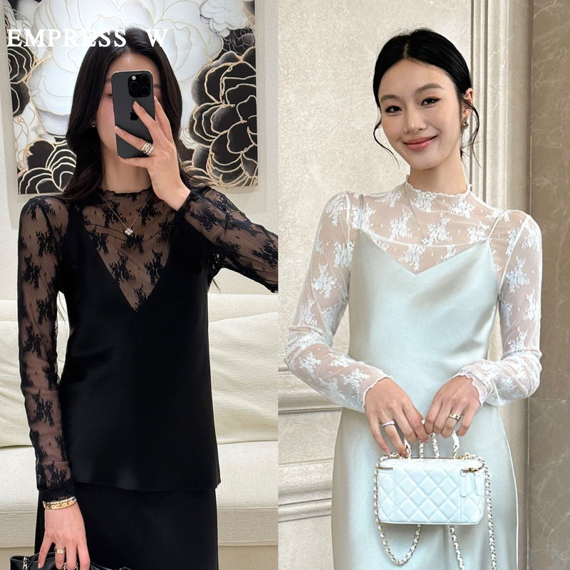 Moge's "Muse Girl" Long-Sleeved High-End Palace-Style Lace Mesh Versatile Base Layer Top