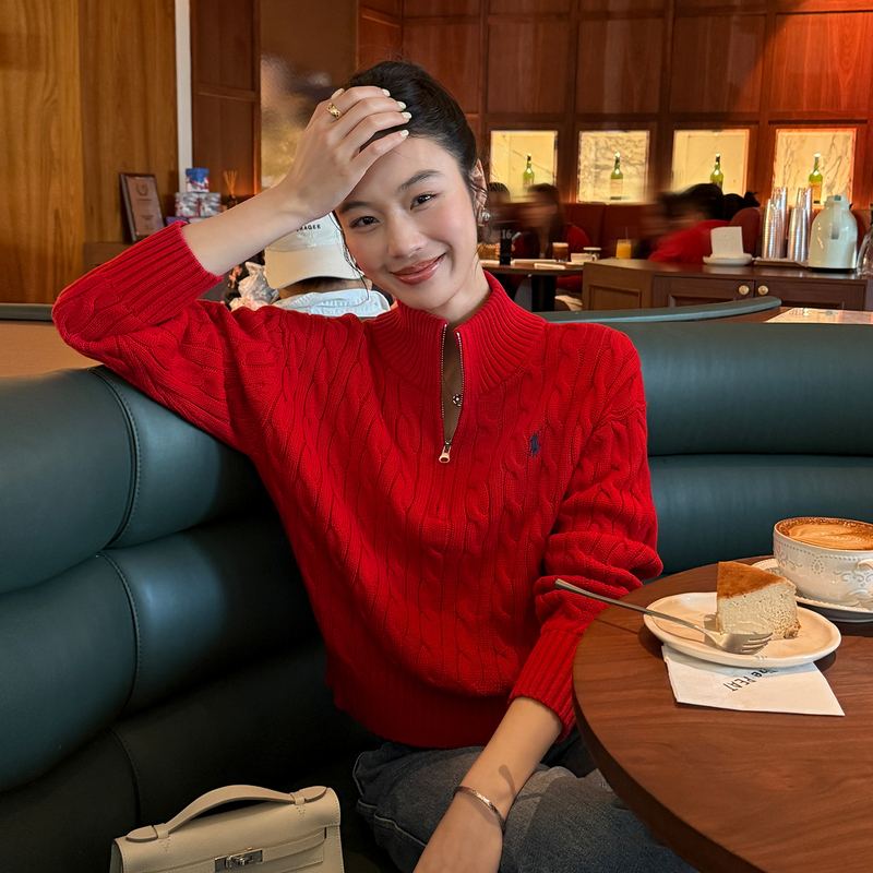 Moge Little Horse Embroidered War Horse Three-Dimensional Cable Knit Half-Zip Cashmere Multi-Color Pullover Sweater