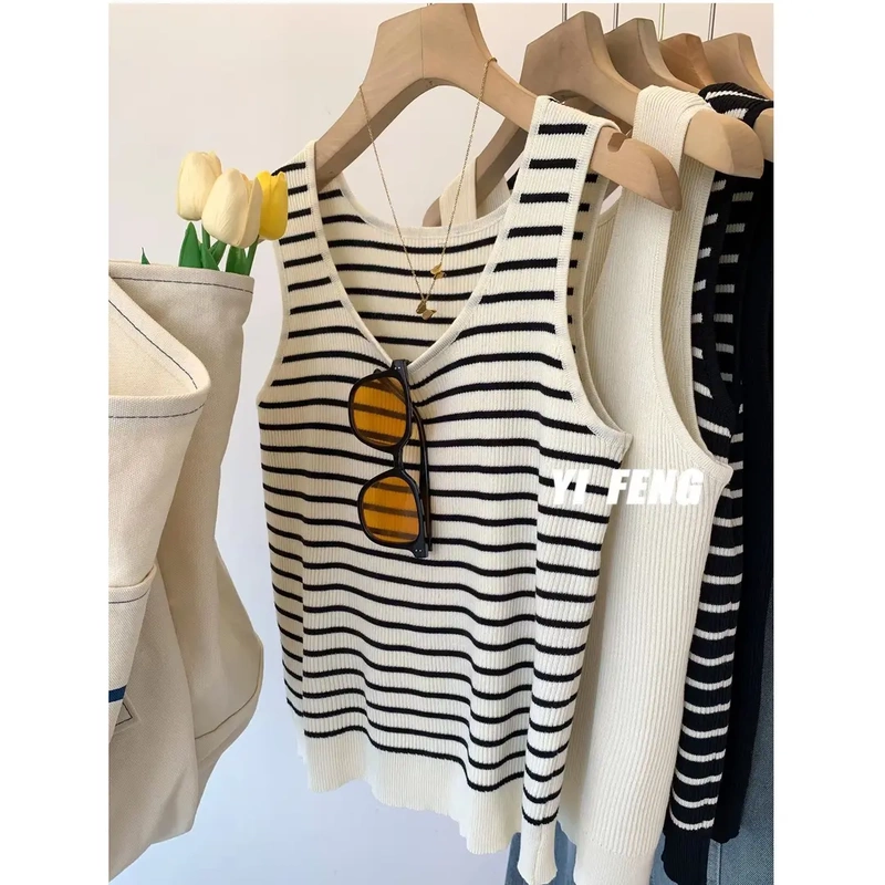 High-Quality Versatile Ice Silk Striped Knit Tank Top for Women, Slim Fit U-Neck, Slimming Sun Protection Shirt, Sleeveless Trendy Inner Wear