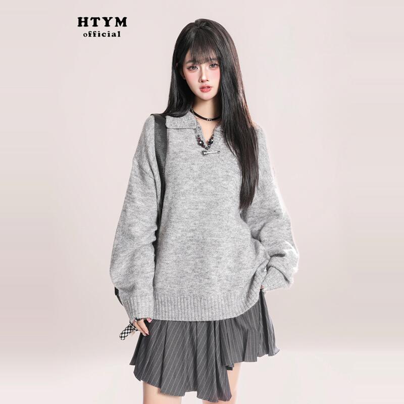 Htym Deluna Weekend Gray Shoulder-Baring V-Neck Long-Sleeved Knit Sweater for Women, Autumn Lazy Style Loose Top