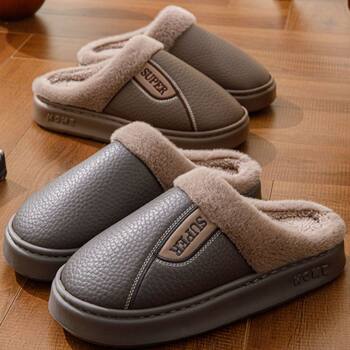 2025 New Model Men's and Women's Winter Waterproof Leather Slippers, Fleece-Lined and Thickened, for Home Use, Indoor Non-Slip, Warm, Suitable for Outdoor Wear in Winter