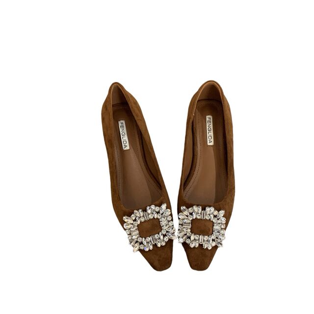 French-Style Pointed-Toe Commuter Flats for Women, 2024 New Autumn Model, Shallow Mouth, Versatile, with Rhinestone Square Buckle, Elegant Flat Shoes