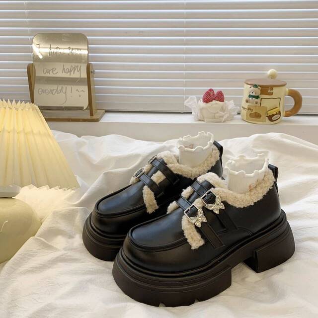 2024 Winter New Style Thick-Heeled Plush-Lined Warm British-Style Thick-Soled Leather Shoes for Women Loafers