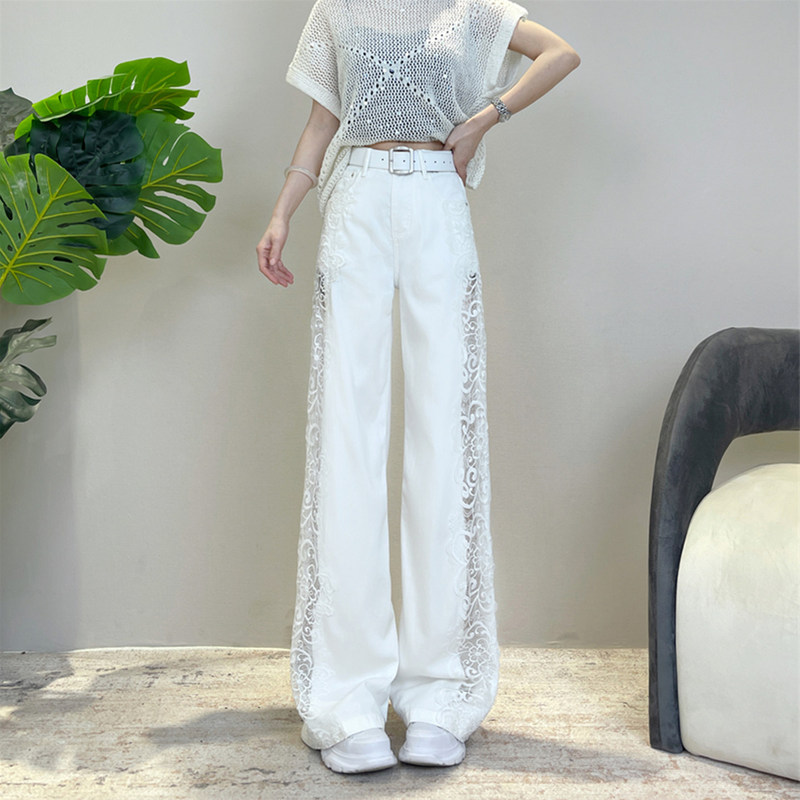 Lace Trim Hollow-Out Patchwork Wide-Leg Jeans for Women, New Summer High-Waisted Loose Slimming Versatile White Long Pants