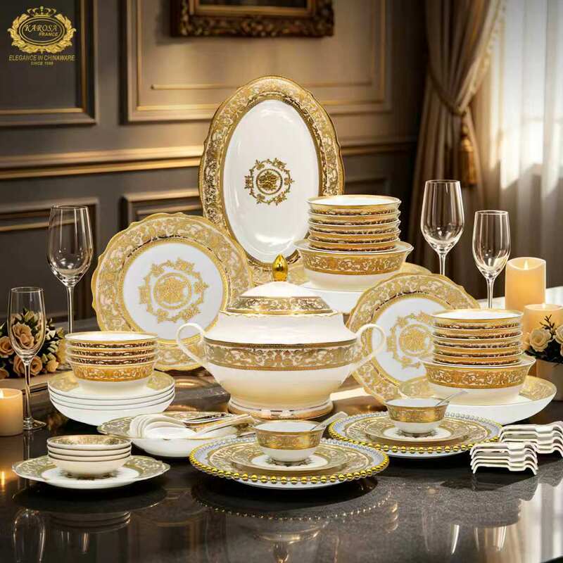European-Style Bone China Embossed Gold Tableware Set, Light Luxury and High-End Feel, Suitable for Hotels, Clubs, Home Use, Housewarming, New Home, Bowl and Plate Set