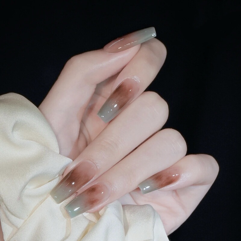 Mint Cloud Mist Wearable Nails Autumn/Winter ins Style Elegant High-End Amber Internet Celebrity Detachable Nail Tips Medium-Length Style