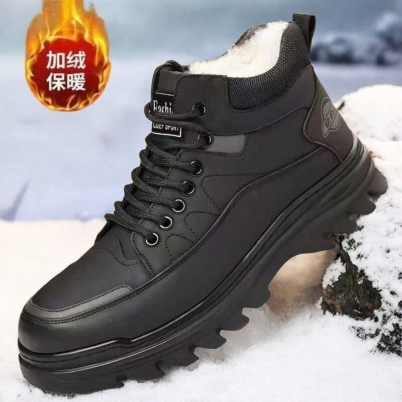 Paul Daflyn Men's Winter Fleece-Lined Warm Snow Boots, Non-Slip Thick-Soled Casual Cotton Boots, Leather Casual Men's Shoes