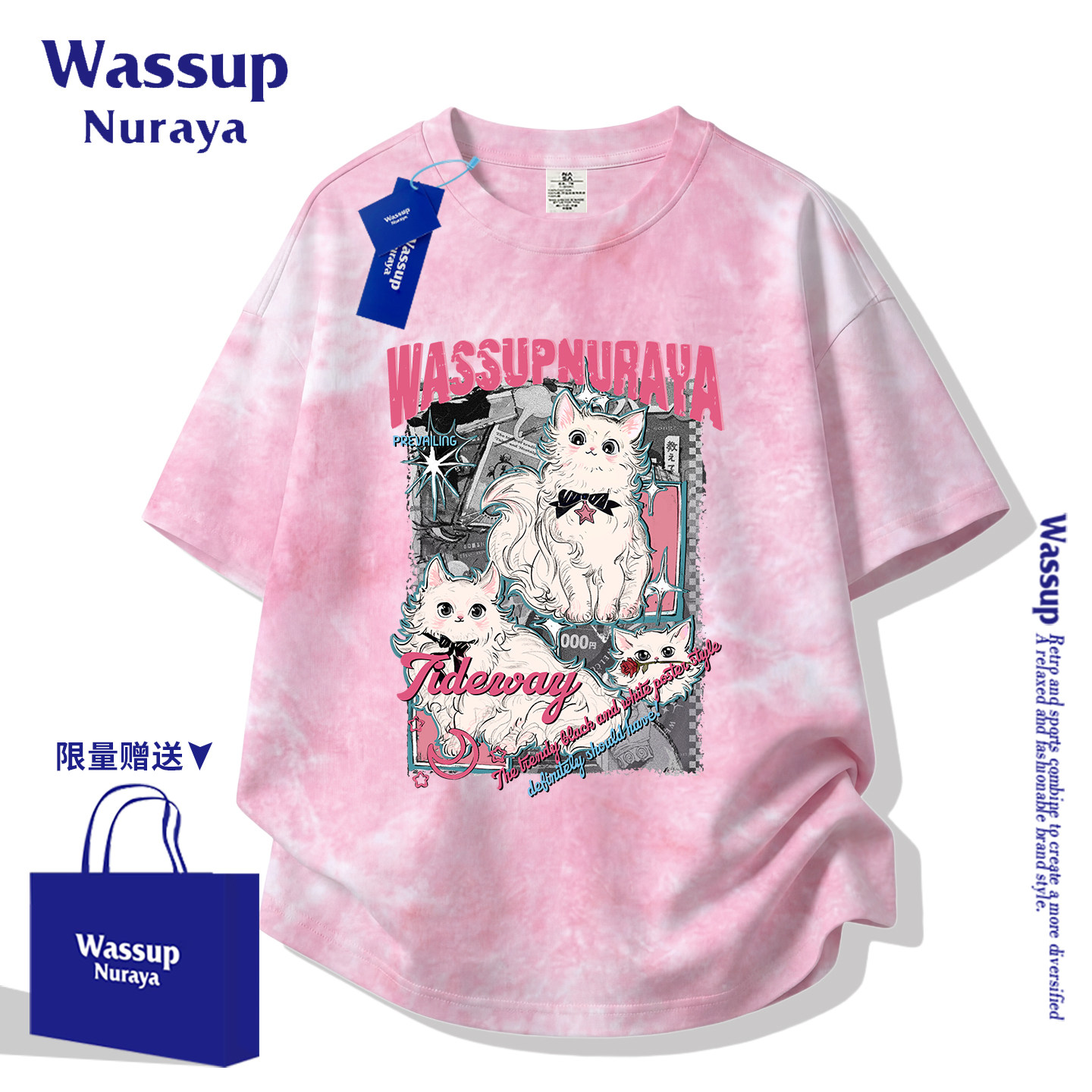WASSUPNURAYA夏季小猫印花短袖T恤男女ins粉色纯棉半袖宽松上衣服