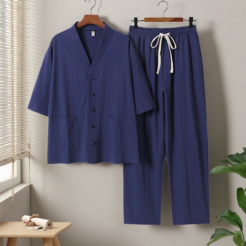 New Chinese-Style Linen Suit for Men, Summer Meditation Layman Clothing, Plus-Size Fat Man Clothes, Men's Pajamas, Cotton and Linen Home Wear