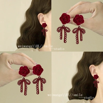 Flocked Red Rose Girls Rose Earrings Retro Burgundy Earrings Everyday Whitening Earrings