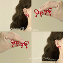 Qingfenghongyue acrylic transparent red bow earrings sweet and fresh girls versatile earrings for going out
