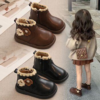 Official Website C&K Girls' Cotton Shoes 2025 Winter New Waterproof Children's Baby Leather Boots with Fleece Lining Toddler Double Cotton Boots