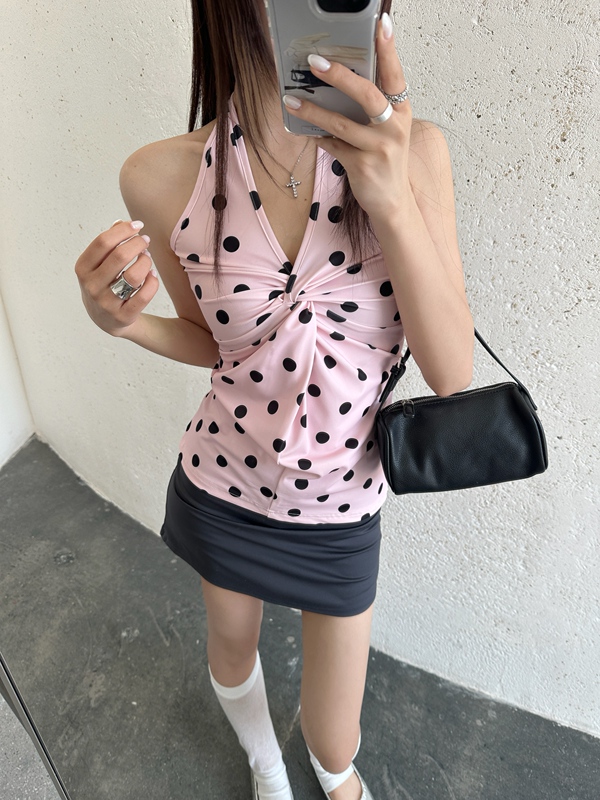Lamdv Pink Polka Dot Vest for Women, New Summer Style, Slimming Sleeveless V-Neck Knot Top for Summer Beach Wear Lamdv Pink Polka Dot Vest for Women, New Summer Style, Slimming Sleeveless V-Neck Knot Top for Summer Beach Wear