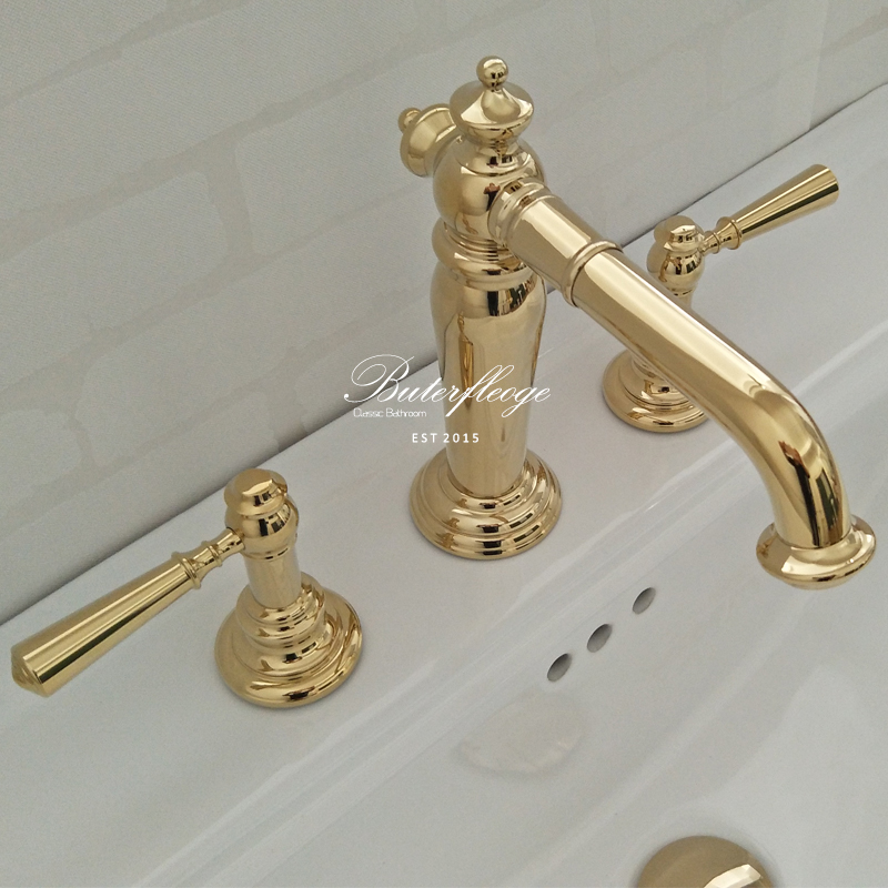 Butterfly ceramic bathroom new zirconium gold pure British retro all-copper three-hole column basin basin faucet traditional one-word handle