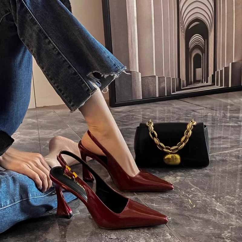 Burgundy Sexy Closed-Toe Sandals for Women 2025 New Style with Back Strap Patent Leather Versatile Stiletto Pointed High Heels for Women
