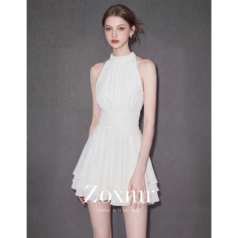 First Love Vibe Outfit: White Dress for Marriage Registration, Slimming Waist-Cinching White Halter Neck Sleeveless Chiffon Dress for Women in Summer