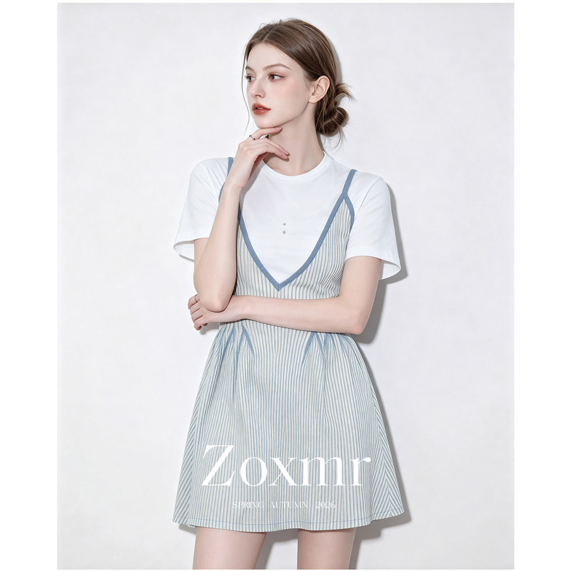 First Love Vibe Outfit for Petite Women, Age-Reducing Blue Striped Camisole Dress Layered with T-Shirt Set for Women in Summer First Love Vibe Outfit for Petite Women, Age-Reducing Blue Striped Camisole Dress Layered with T-Shirt Set for Women in Summer