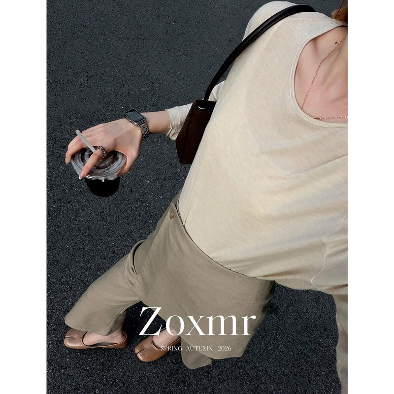 Autumn Korean Style Mature and Intellectual Casual Versatile Outfit Set: Beige T-Shirt and Khaki Draped Pants Set for Women