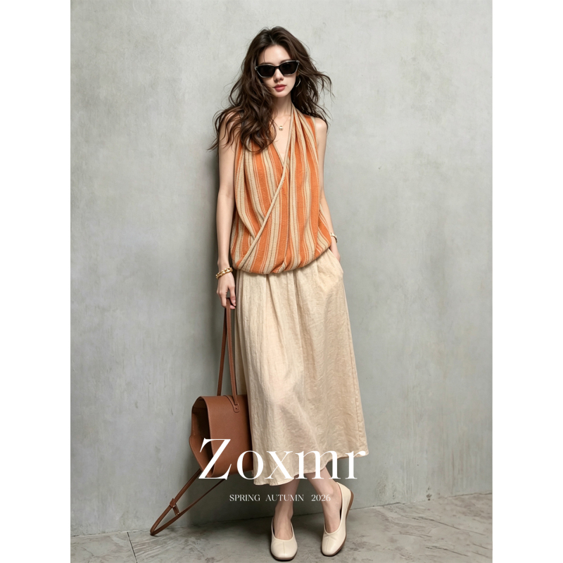 Summer Outfit: a Complete Set of Casual Orange Striped Halter Neck Sleeveless Vest and A-Line Skirt Set for Women for Seaside Vacation Summer Outfit: a Complete Set of Casual Orange Striped Halter Neck Sleeveless Vest and A-Line Skirt Set for Women for Seaside Vacation