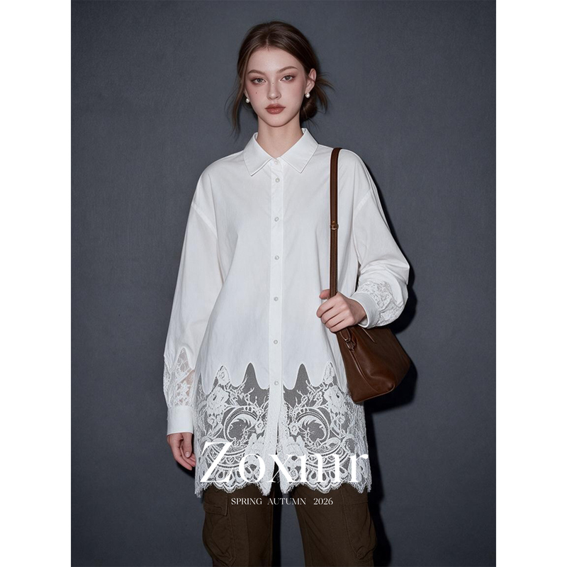 Korean-Style Top Suitable for Wearing Alone, Mid-Length Design, White Polo Collar, Lace Splicing, Long-Sleeved Shirt for Autumn
