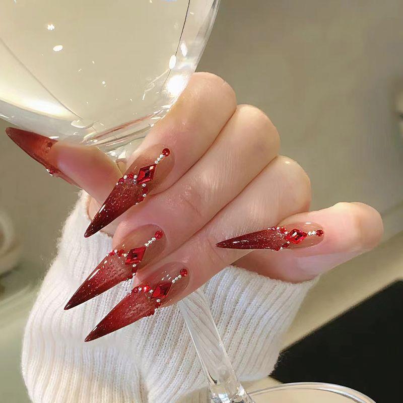 Purely Handmade Wearable Nails, Extra-Long Pointed Manicure, Bright White and Red, Sparkling, Hot Girl, Rich Daughter, Student Nail Stickers, Finished Product