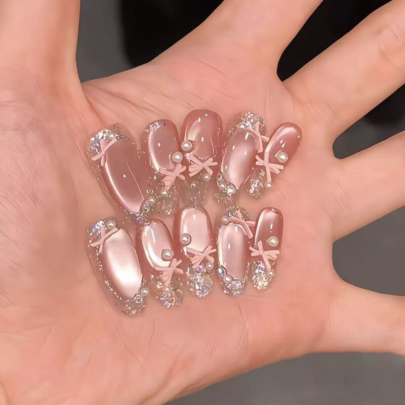 Purely Handmade Children's Nail Art for Girls, Pink New Style with Bow, Pure Handmade High-End Nail Art That Enhances Complexion and Elegance