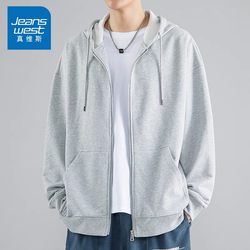 Jeanswest Hooded Sweatshirt Jacket for Men, Spring Student Sports Cardigan Top, Casual Trendy Brand, Fleece-Lined and Thickened Coat
