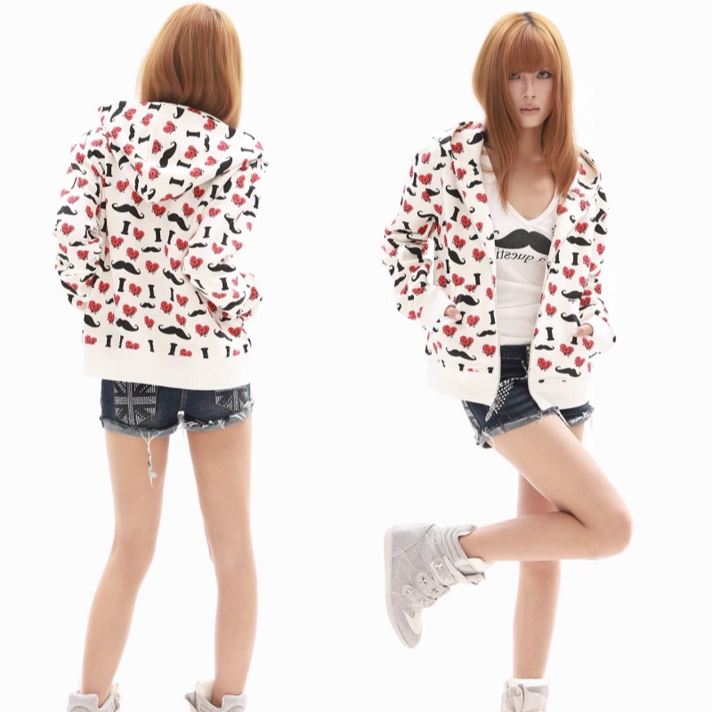 Spring and Autumn Trendy Brand "I Love Mustache" Basic Heart-Printed Zip-Up Hoodie Jacket for Men and Women