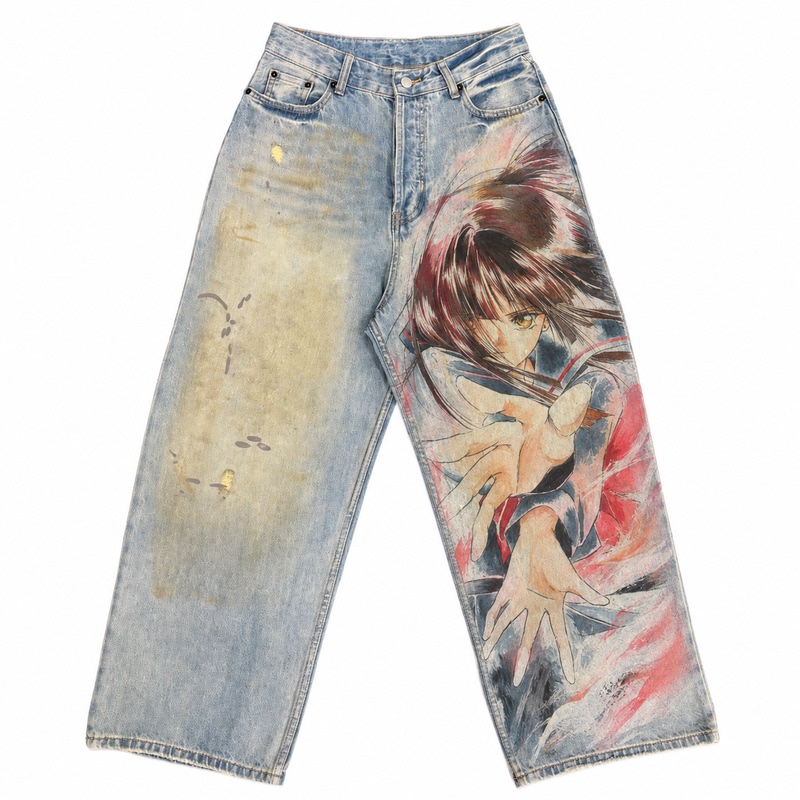 Tomato Poem Angel Restricted Zone Yuki Kariya Hand-Painted Jeans Men's Heavy-Duty Vintage High Street Anime Style Tomato Poem Angel Restricted Zone Yuki Kariya Hand-Painted Jeans Men's Heavy-Duty Vintage High Street Anime Style