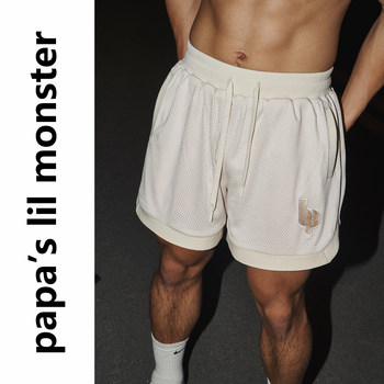 Lil monster summer mesh embroidered shorts american retro double-layer heavy loose high street couple sports
