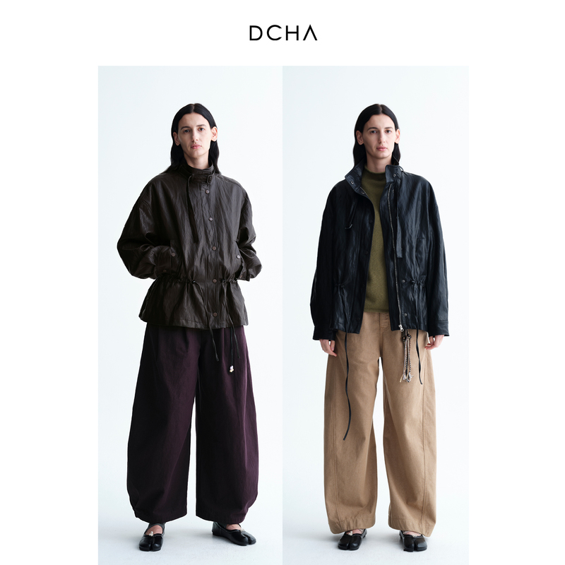 Dcha Italian Protein Leather Stand Collar Drawstring Short Leather Jacket