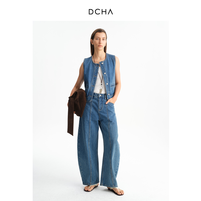Dcha Blue Pure Cotton Spring and Summer Vintage Washed Denim Vest Loose Versatile Sleeveless Waistcoat Top
