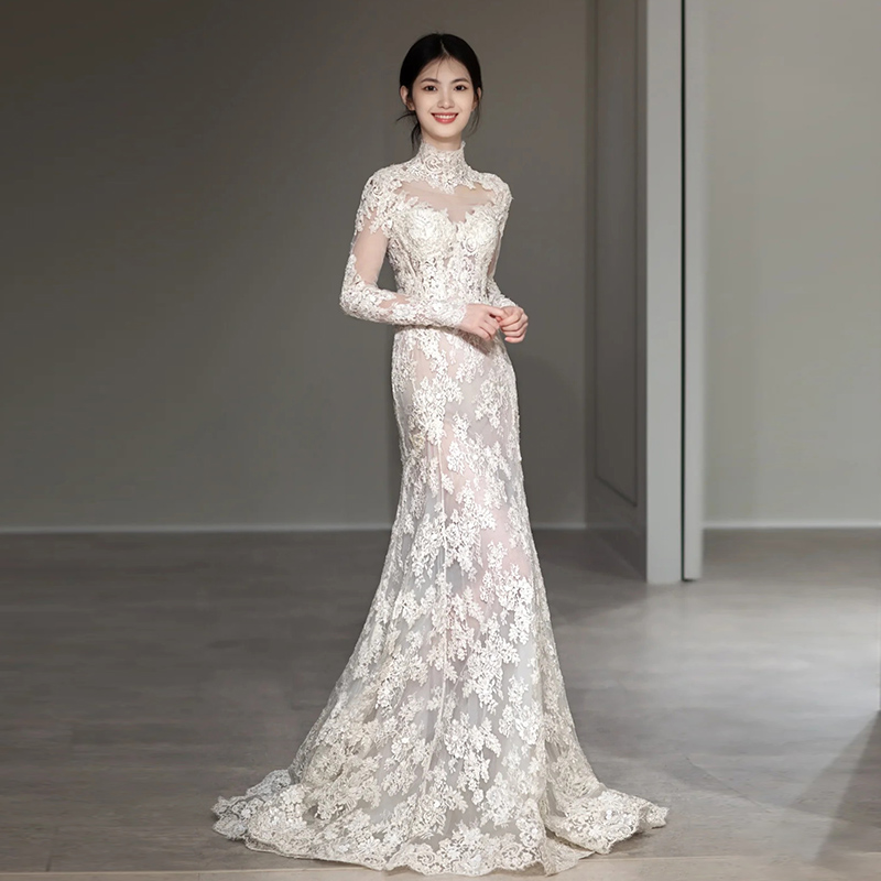 White Fish Tail Gown Small Crowd Light Wedding Dresses Morning Gown 2023 New Autumn Winter Bride Goes Out To Greet Benn Long Sleeve Heavy Work-Taobao