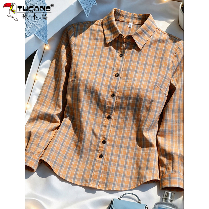 Woodpecker Early Autumn Pure Cotton Plaid Shirt for Women 2026 New Style Long-Sleeve Shirt for Middle-Aged and Elderly Mothers, Stylish Top Woodpecker Early Autumn Pure Cotton Plaid Shirt for Women 2026 New Style Long-Sleeve Shirt for Middle-Aged and Elderly Mothers, Stylish Top
