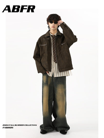 Мужская кожаная куртка ABFR в американском ретро-стиле, коричневая, осенний стиль Cleanfit, мотоциклетная рабочая куртка из искусственной кожи на молнии